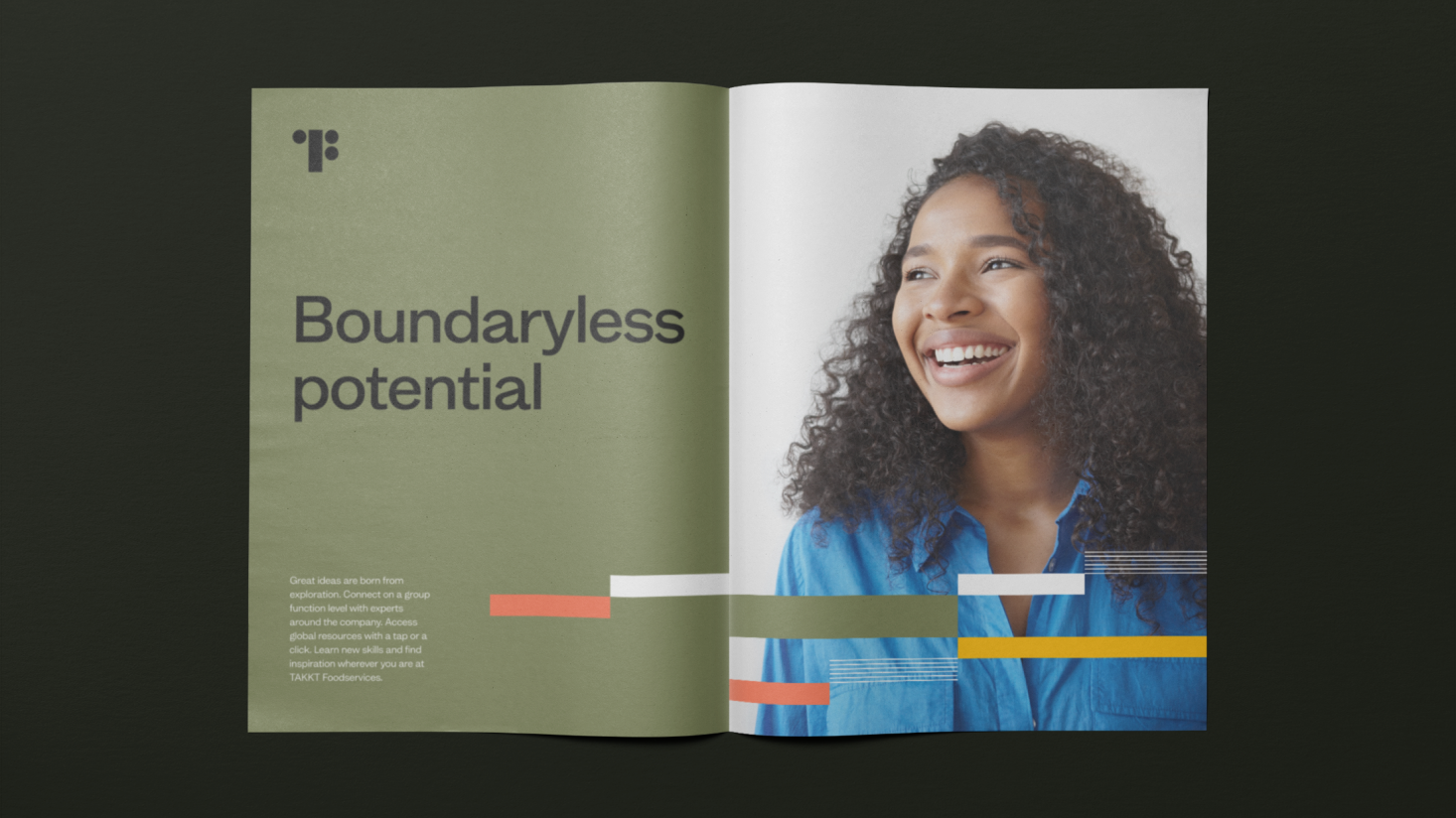 An open magazine features the title "Boundaryless potential" on the left and a smiling woman with curly hair and a blue shirt on the right. Geometric lines accent the layout, reflecting how brands like TAKKT Foodservices inspire limitless opportunity.