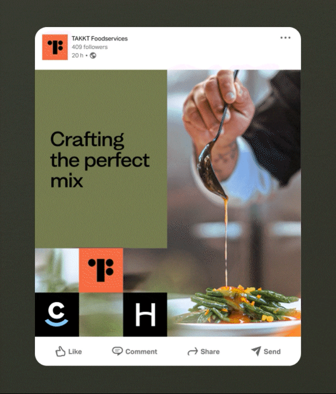 A person pours sauce over green beans and carrots on a plate next to text that reads "Crafting the perfect mix" in a social media post highlighting TAKKT Foodservices brands.