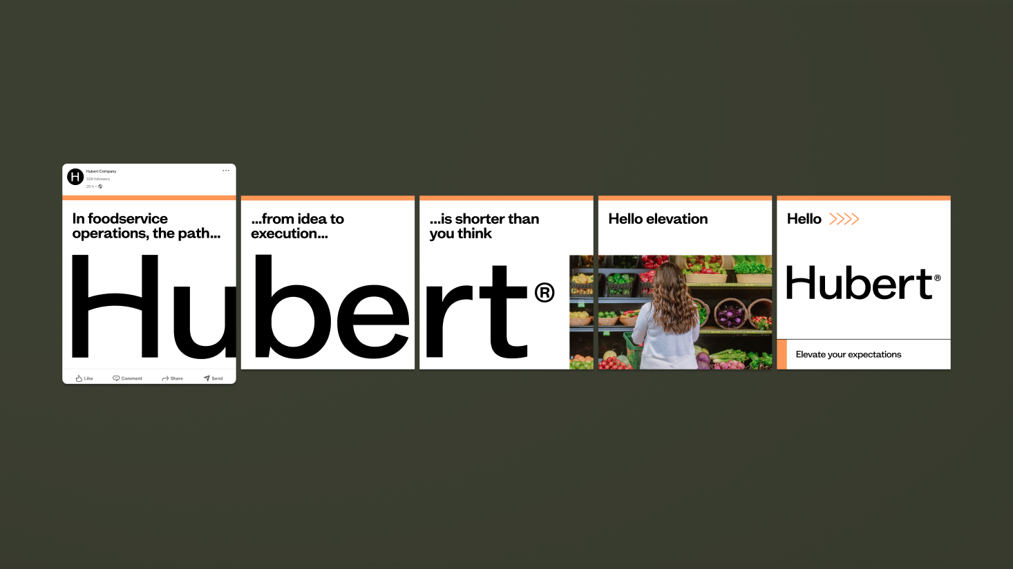 A series of panels with the text "In foodservice operations, the path... from idea to execution... is shorter than you think. Hello elevation. Hello Hubert from TAKKT Foodservices. Elevate your expectations," alongside a girl looking at produce.