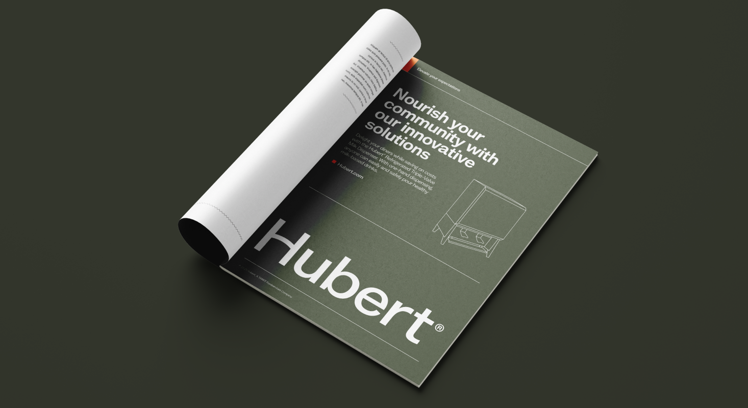 An open magazine shows a page with the headline “Nourish your community with our innovative solutions” and the name “Hubert,” part of TAKKT Foodservices, on a dark background—the perfect mix for brands seeking impact.