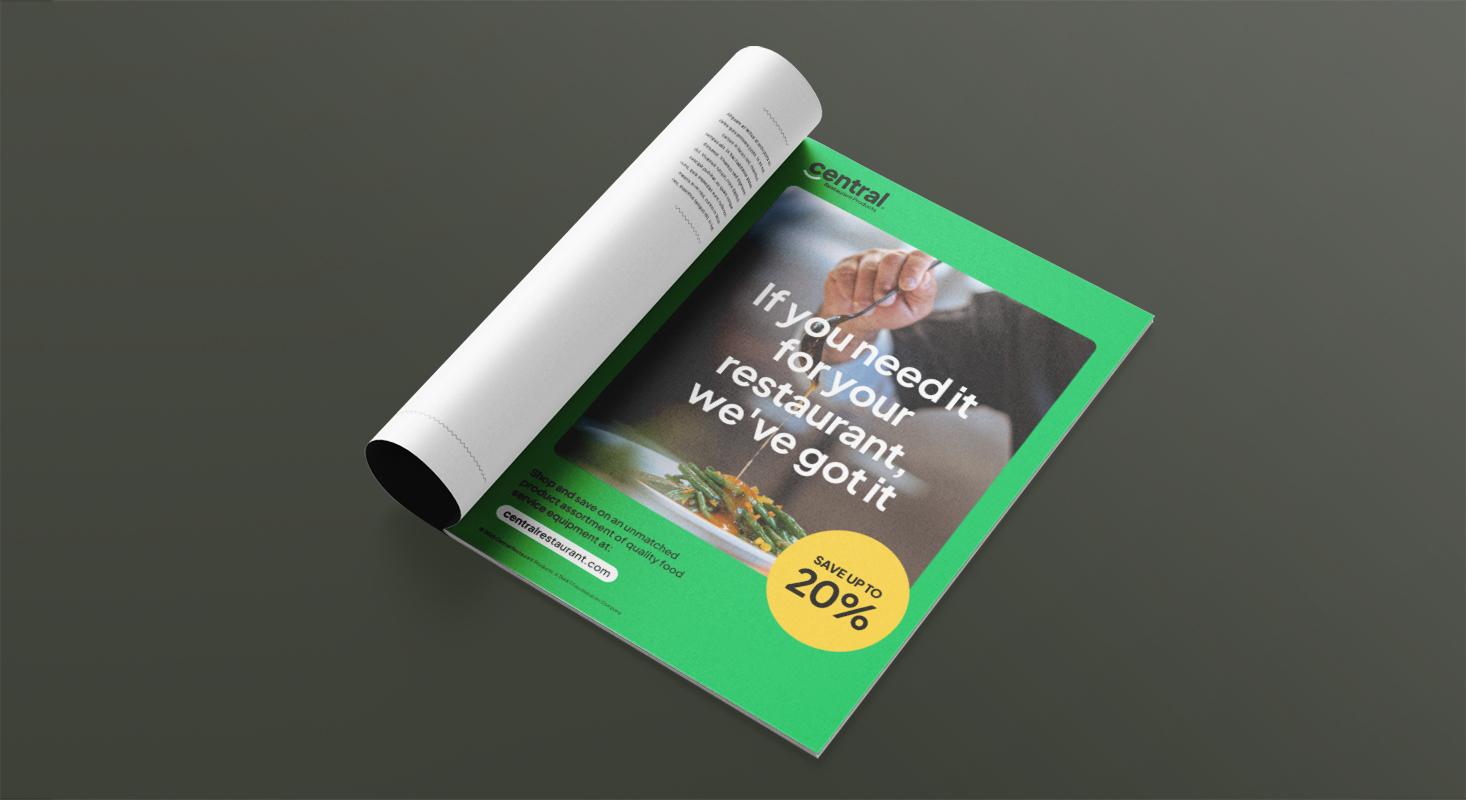 An open magazine features a green advertisement from TAKKT Foodservices, showing a chef preparing food and promoting up to 20% savings on top brands for restaurant supplies.