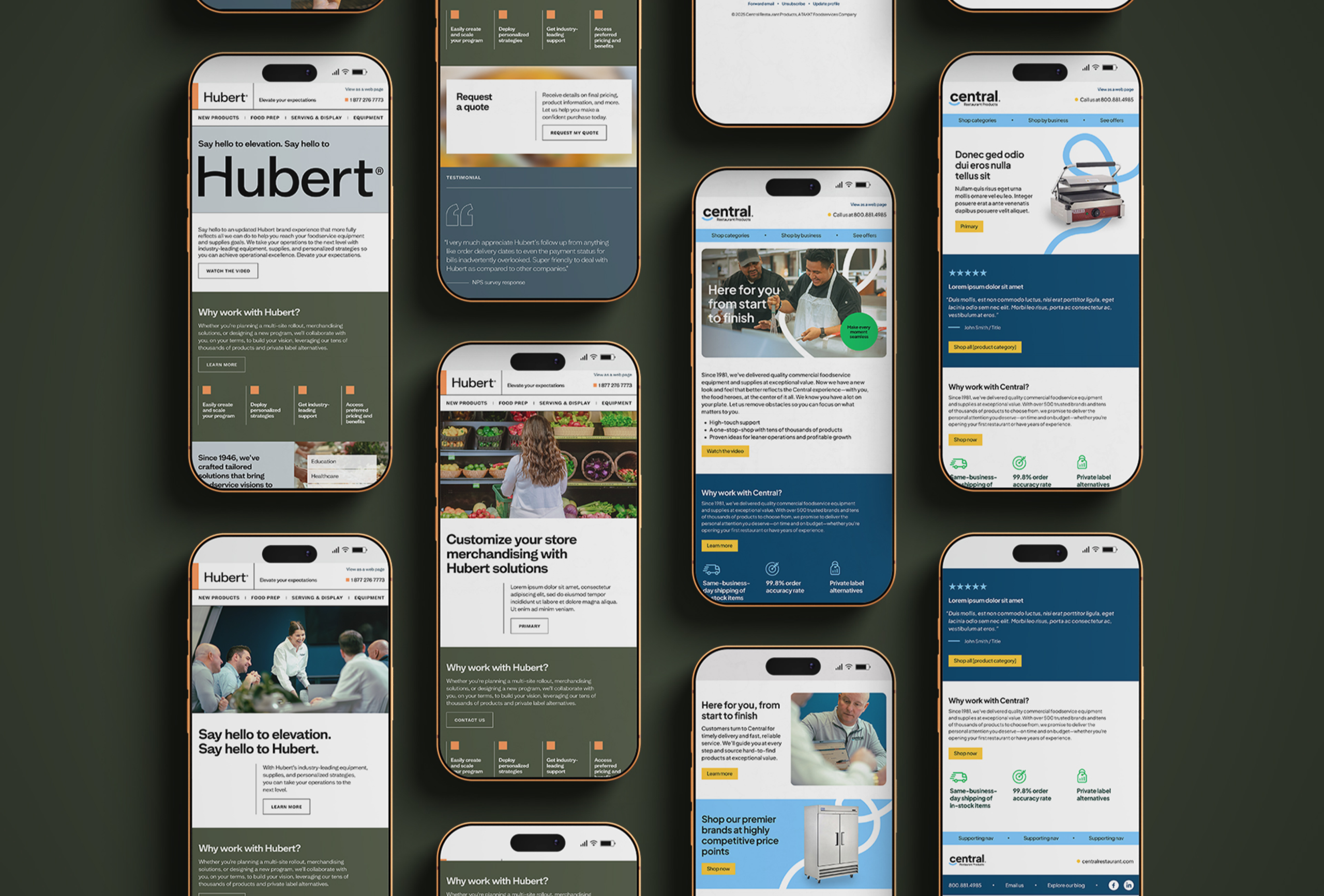 Multiple smartphones displaying various website landing pages from TAKKT Foodservices brands, showcasing different layouts, colors, images, and text, arranged in a flat lay on a dark background.