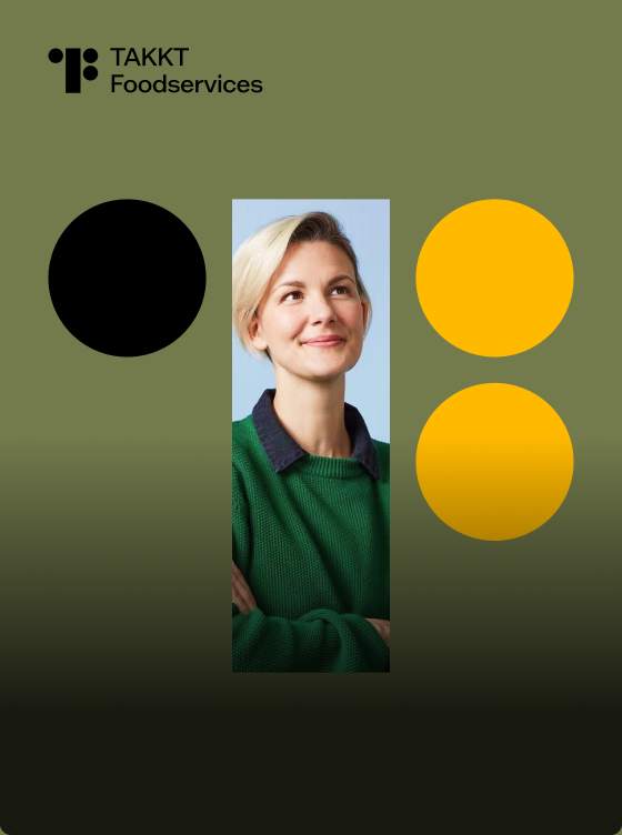 A person with short blond hair and a green sweater is centered between one black circle and two yellow circles on a green background, representing leading brands, with the TAKKT Foodservices logo in the top left corner.