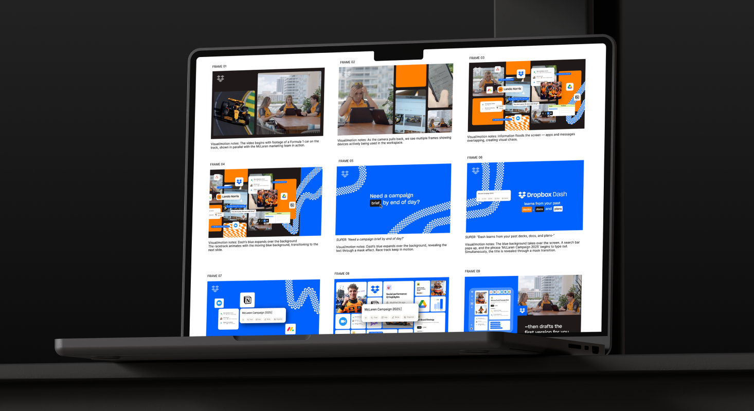 A laptop displays a grid layout of various web pages and digital content thumbnails, with prominent blue and orange elements set against a dark background, showcasing modern tools like AI integrations and Dropbox Dash for seamless workflow.
