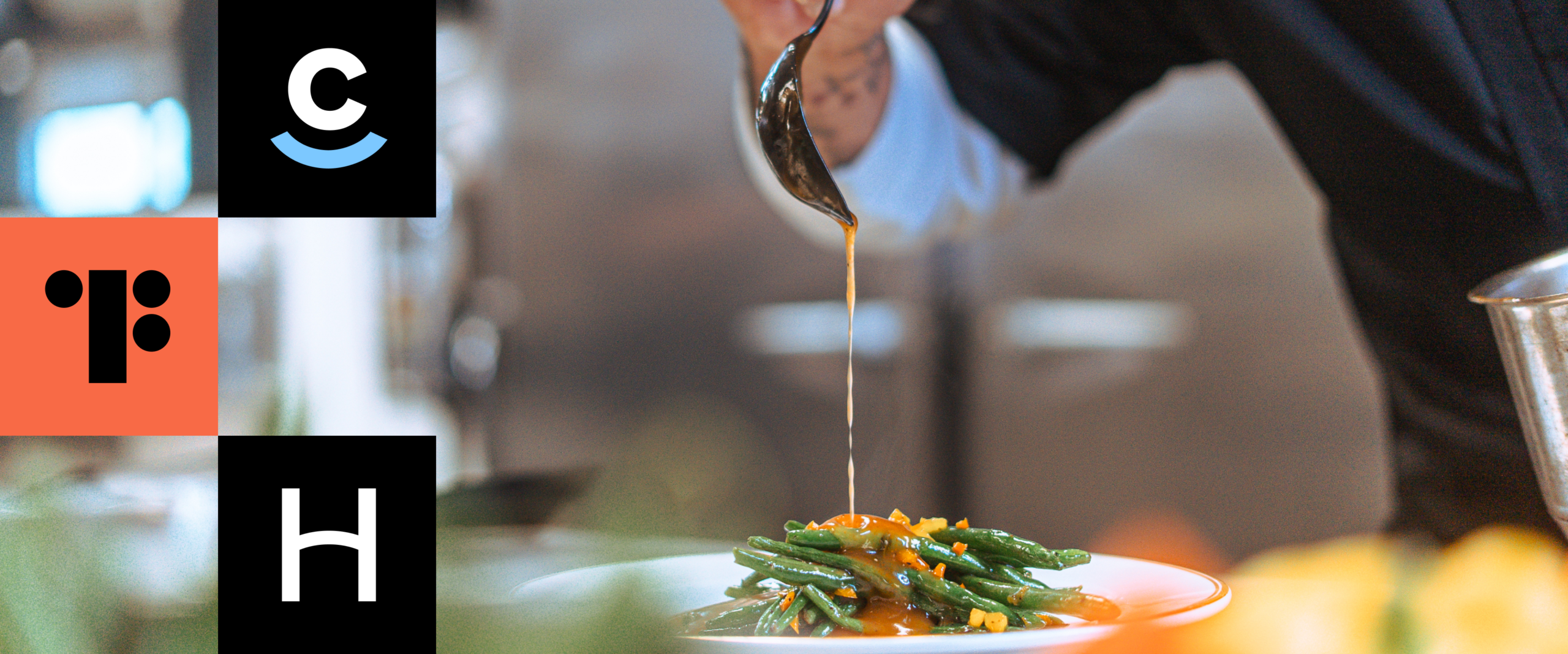A person pours sauce over green beans on a plate; on the left, three square logos from different brands—possibly including TAKKT Foodservices—are displayed, adding a mix of visual elements to the image.